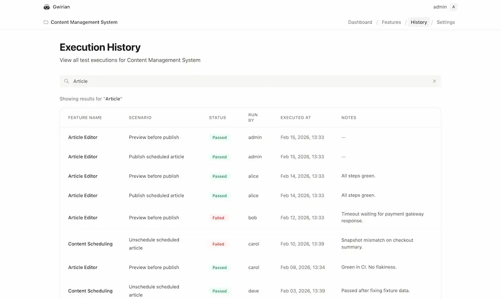 Full scenario execution history with search