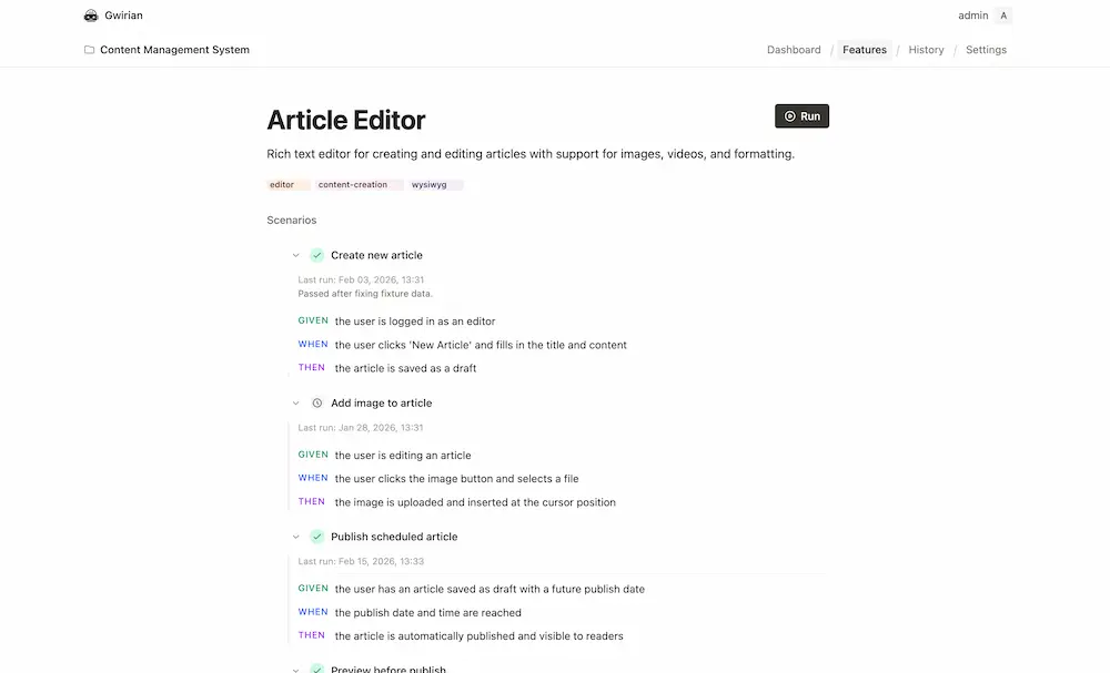 BDD scenarios organized by feature and project